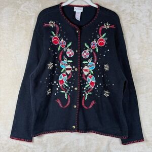 Crystal Kobe Vintage Womens Christmas Cardigan XL Black Red Ornaments Sequins